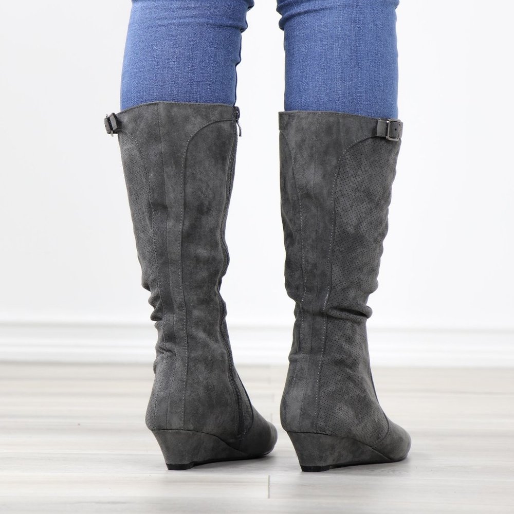 Grey Faux Suede Round Toe Low Kitten Wedge Heel Mid Calf Boots - Picture 7 of 12